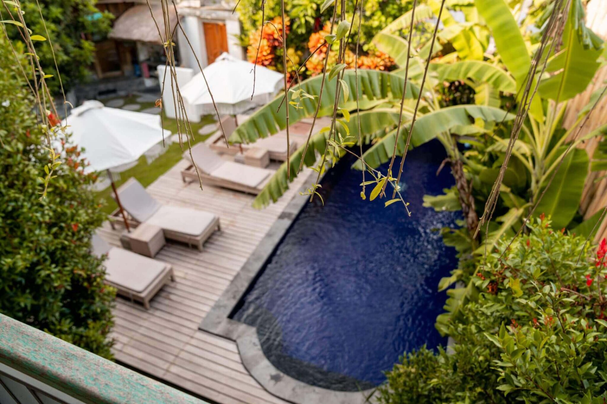 Villa community outdoor area with pool and tropical garden